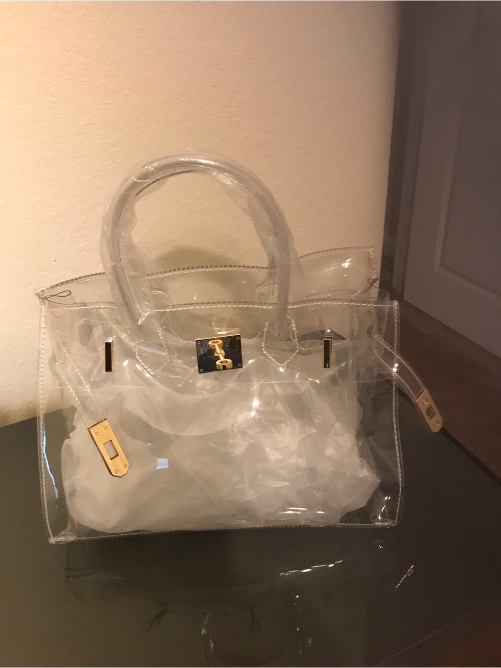 Clear PVC Tote Bag with Gold Hardware - Women Bags